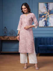 Mauve Printed Straight Kurta with Three Quarter Sleeves