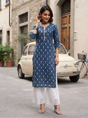 Blue Printed Straight Kurta with Three Quarter Sleeves