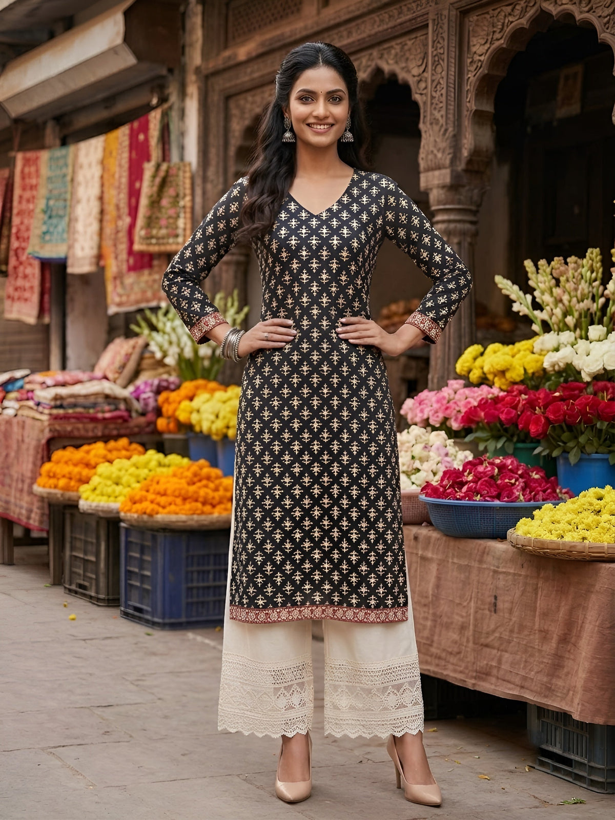 Black Printed Straight Kurta with Three Quarter Sleeves