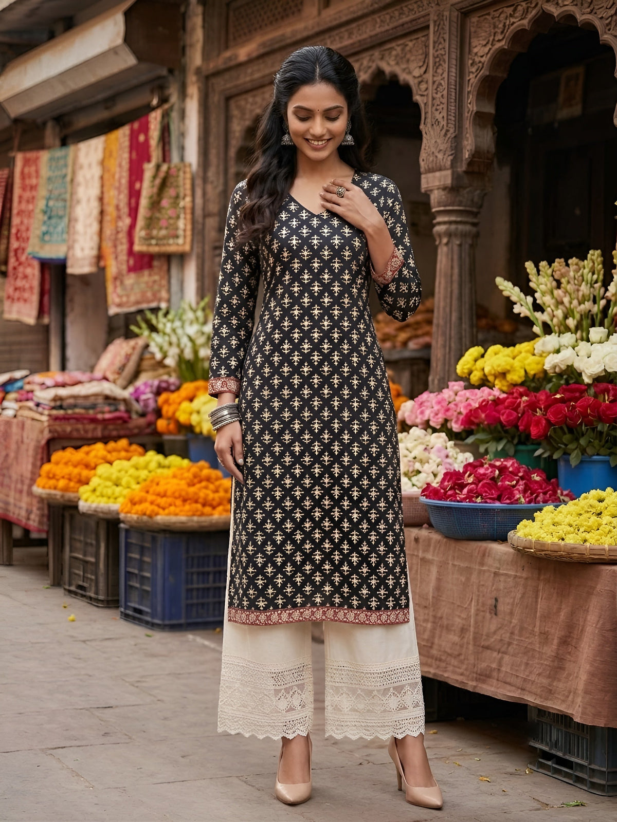 Black Printed Straight Kurta with Three Quarter Sleeves