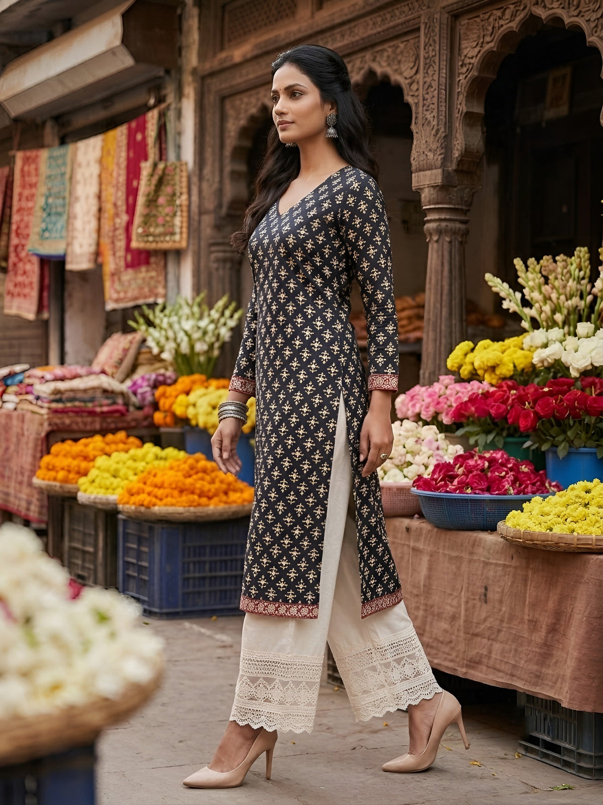 Black Printed Straight Kurta with Three Quarter Sleeves