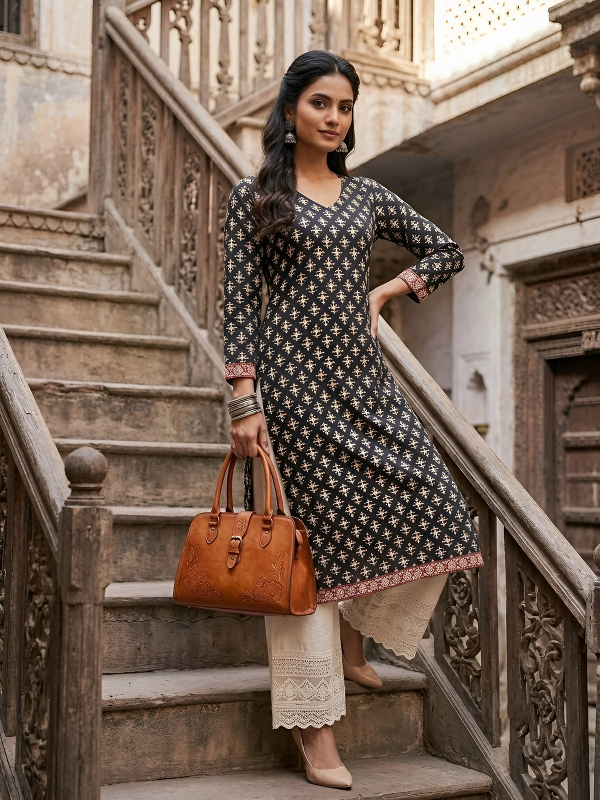 Black Printed Straight Kurta with Three Quarter Sleeves