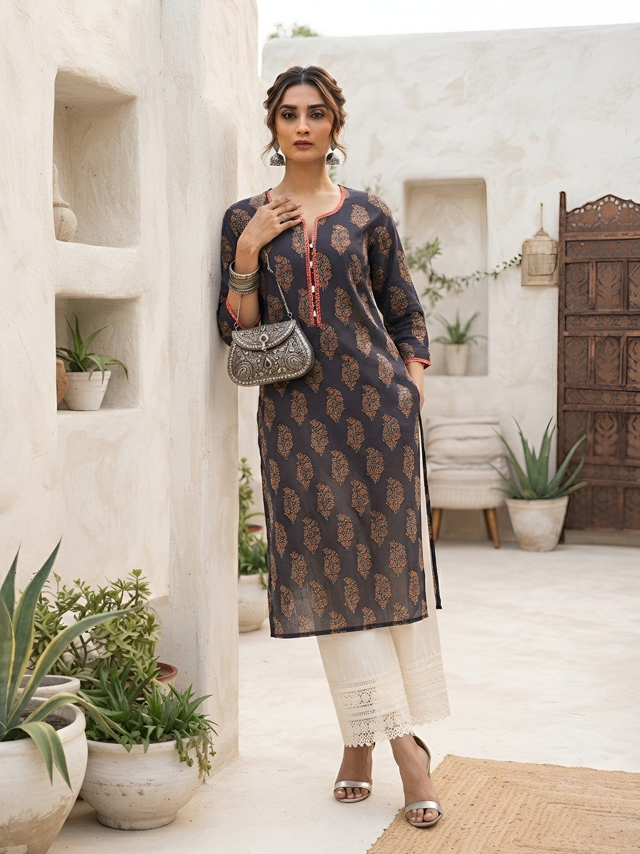 Blue Printed Straight Kurta with Three Quarter Sleeves