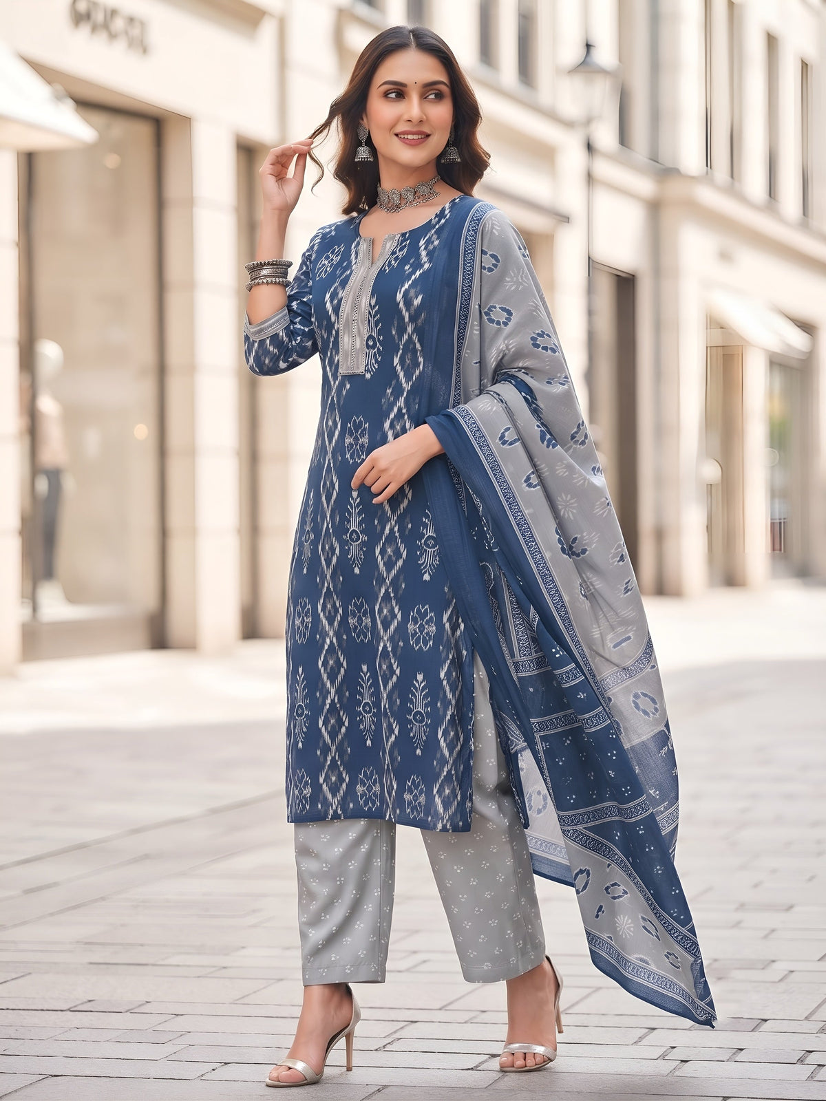 Kripa Blue Printed Straight Kurta Set With Dupatta for Women