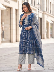 Kripa Blue Printed Straight Kurta Set With Dupatta for Women