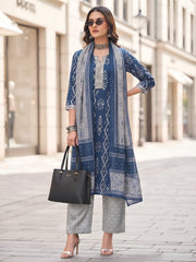 Kripa Blue Printed Straight Kurta Set With Dupatta for Women