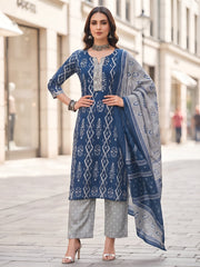 Kripa Blue Printed Straight Kurta Set With Dupatta for Women