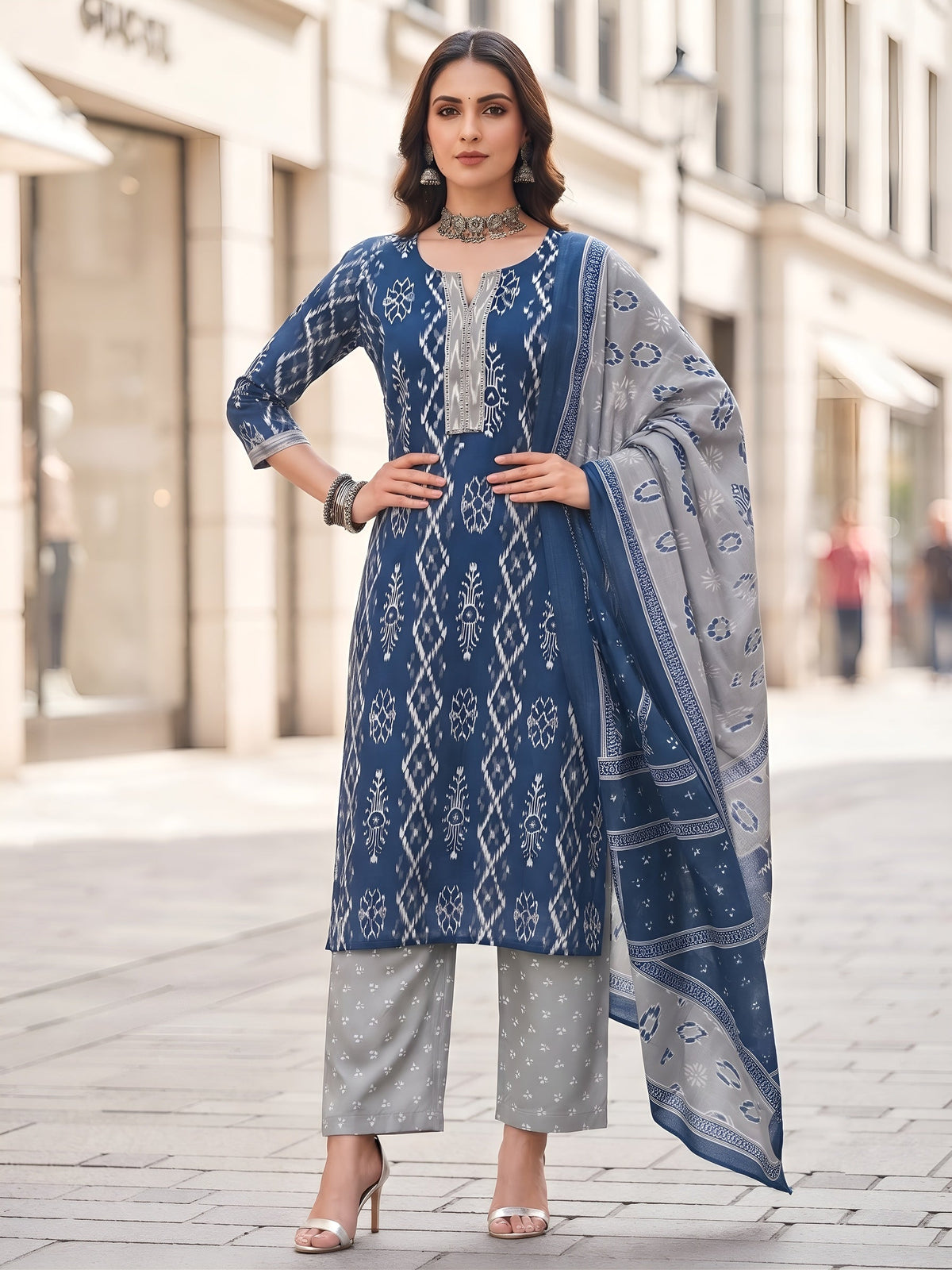 Kripa Blue Printed Straight Kurta Set With Dupatta for Women