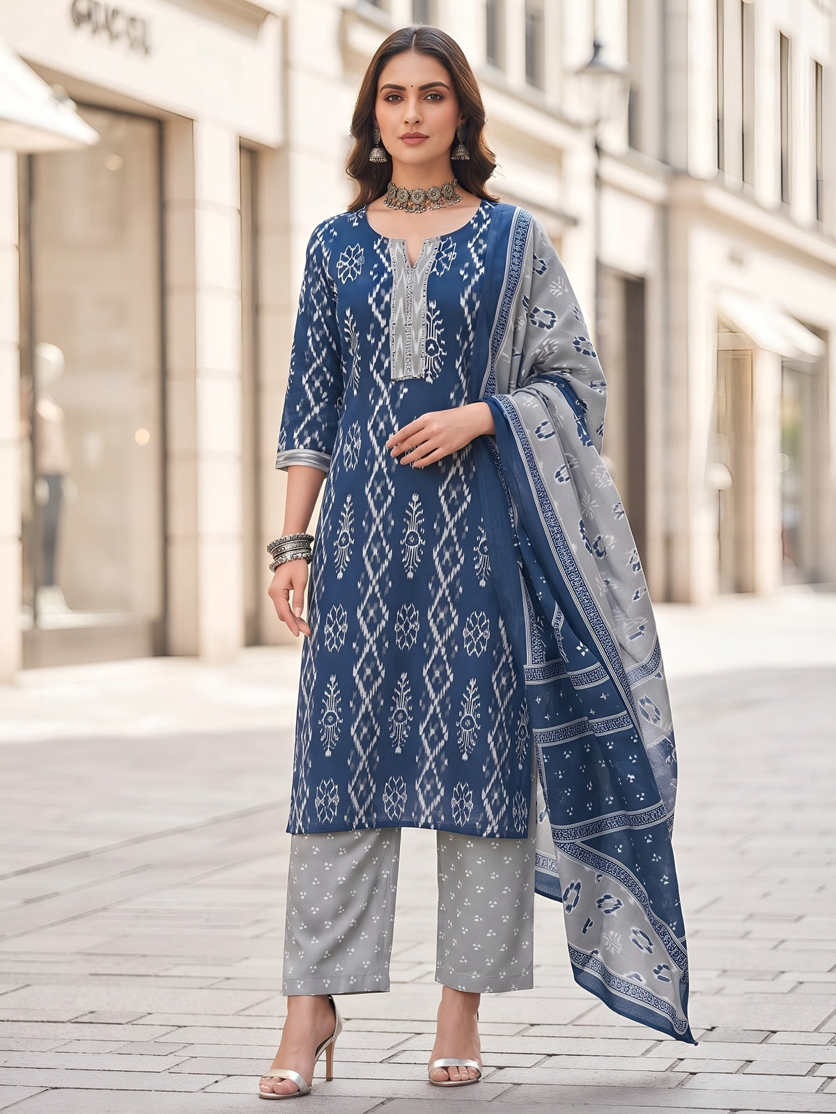 Kripa Blue Printed Straight Kurta Set With Dupatta for Women