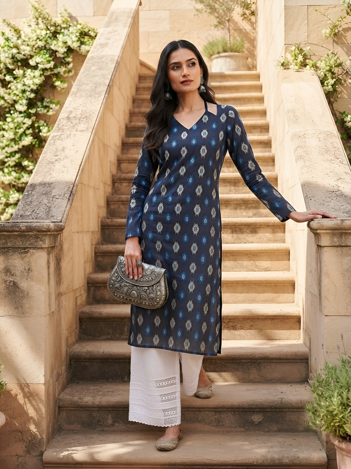 Blue Printed Straight Kurta with Three Quarter Sleeves