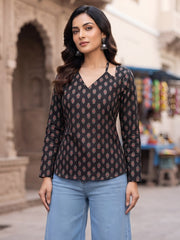 Women Black Printed Short Kurti