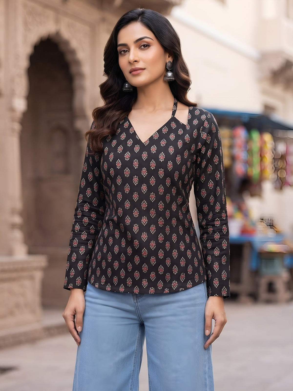 Women Black Printed Short Kurti