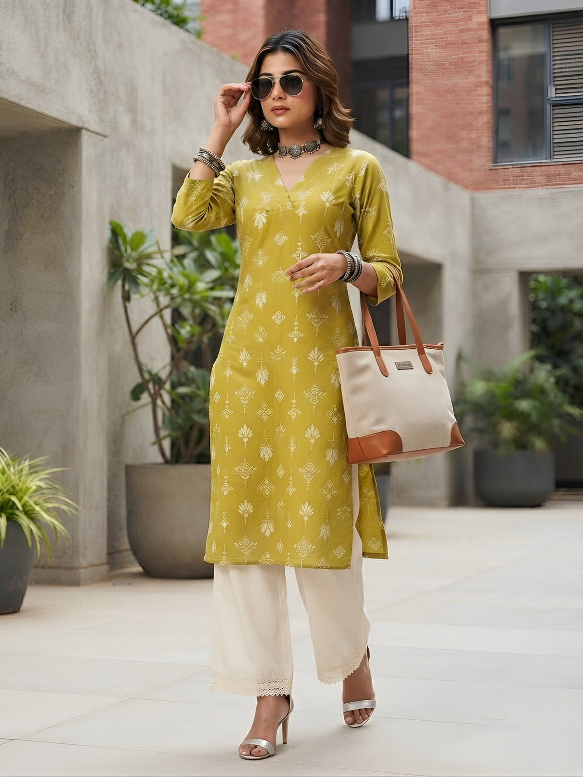 Yellow Printed Straight Kurta with Three Quarter Sleeves