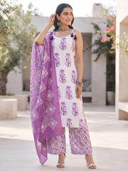 Floral White Printed Straight Kurta Set With Dupatta for Women
