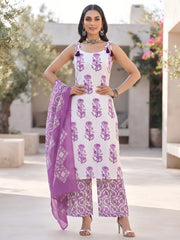 Floral White Printed Straight Kurta Set With Dupatta for Women