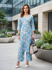 Blue Printed Straight Two Piece Co-Ords Set for Women