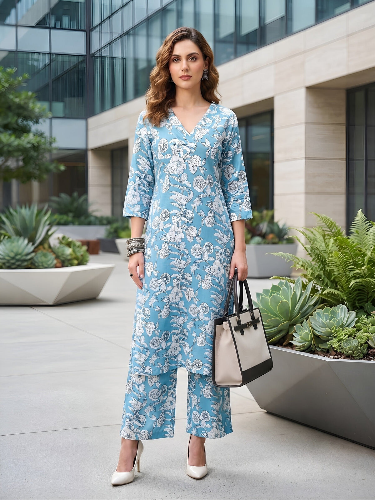 Blue Printed Straight Two Piece Co-Ords Set for Women