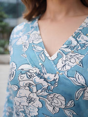 Blue Printed Straight Two Piece Co-Ords Set for Women