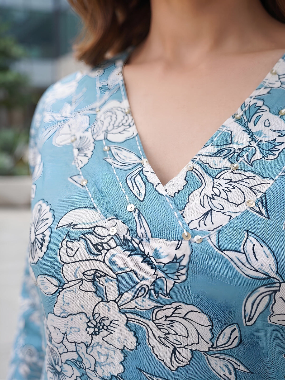 Blue Printed Straight Two Piece Co-Ords Set for Women