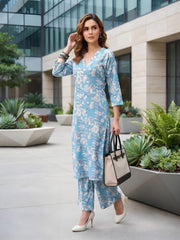 Blue Printed Straight Two Piece Co-Ords Set for Women