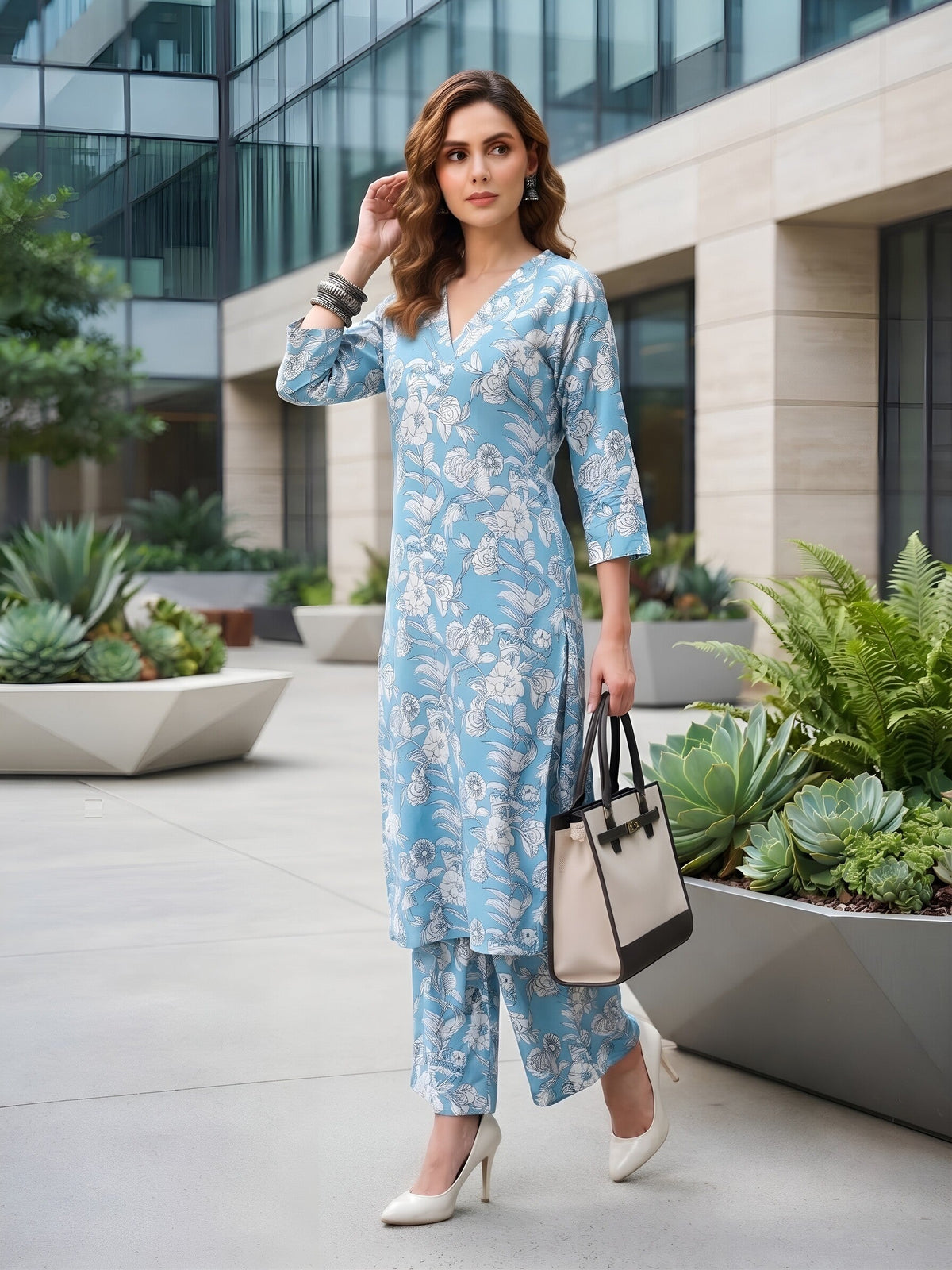 Blue Printed Straight Two Piece Co-Ords Set for Women
