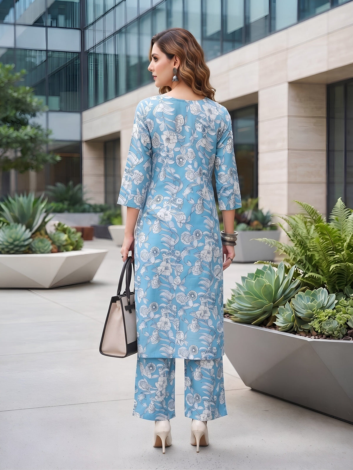 Blue Printed Straight Two Piece Co-Ords Set for Women