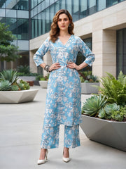 Blue Printed Straight Two Piece Co-Ords Set for Women