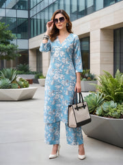 Blue Printed Straight Two Piece Co-Ords Set for Women