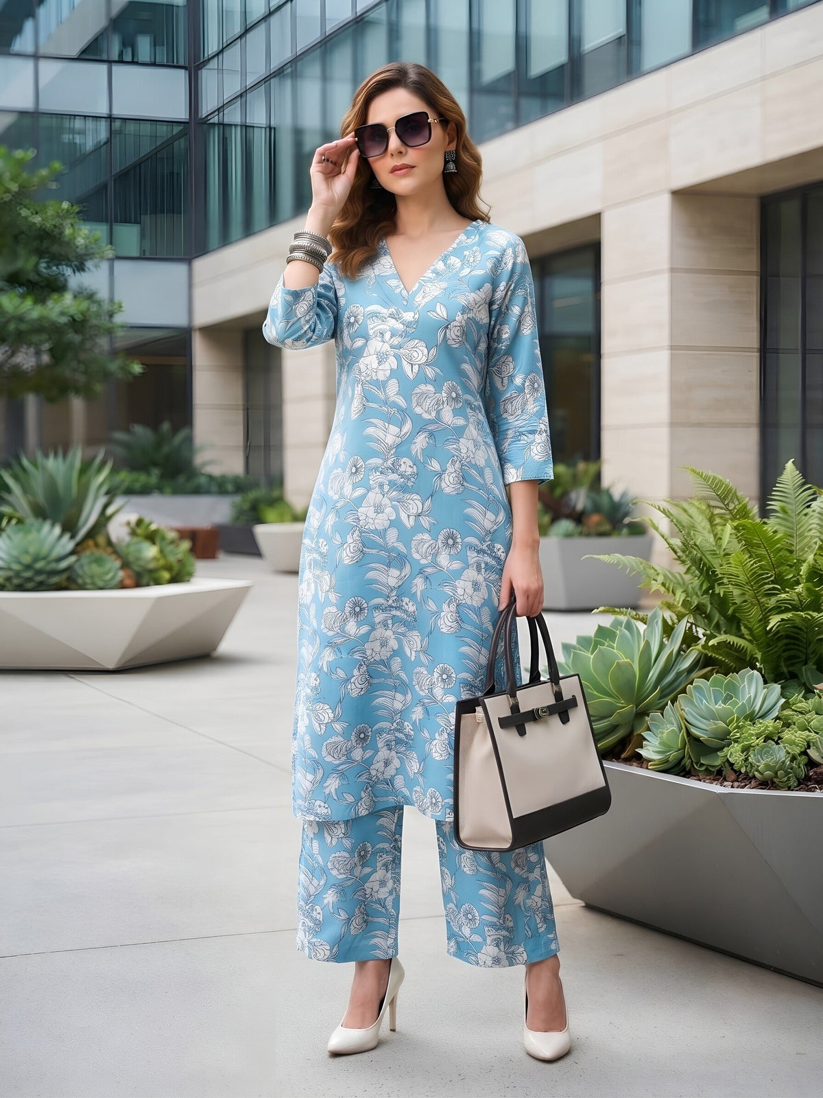 Blue Printed Straight Two Piece Co-Ords Set for Women