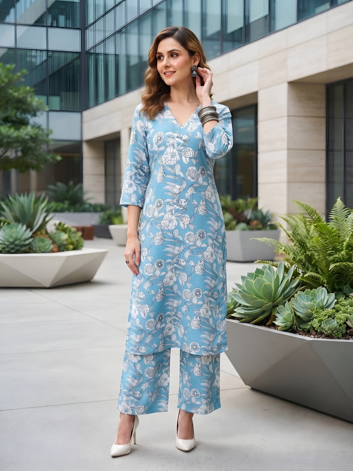 Blue Printed Straight Two Piece Co-Ords Set for Women