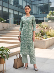 Green Printed Straight Two Piece Co-Ords Set for Women
