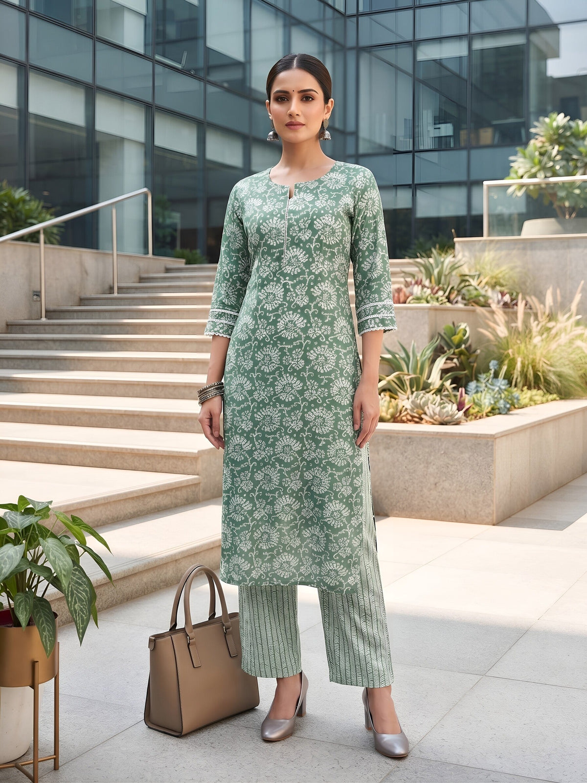 Green Printed Straight Two Piece Co-Ords Set for Women