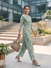 Green Printed Straight Two Piece Co-Ords Set for Women