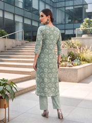 Green Printed Straight Two Piece Co-Ords Set for Women