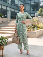 Green Printed Straight Two Piece Co-Ords Set for Women