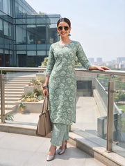 Green Printed Straight Two Piece Co-Ords Set for Women