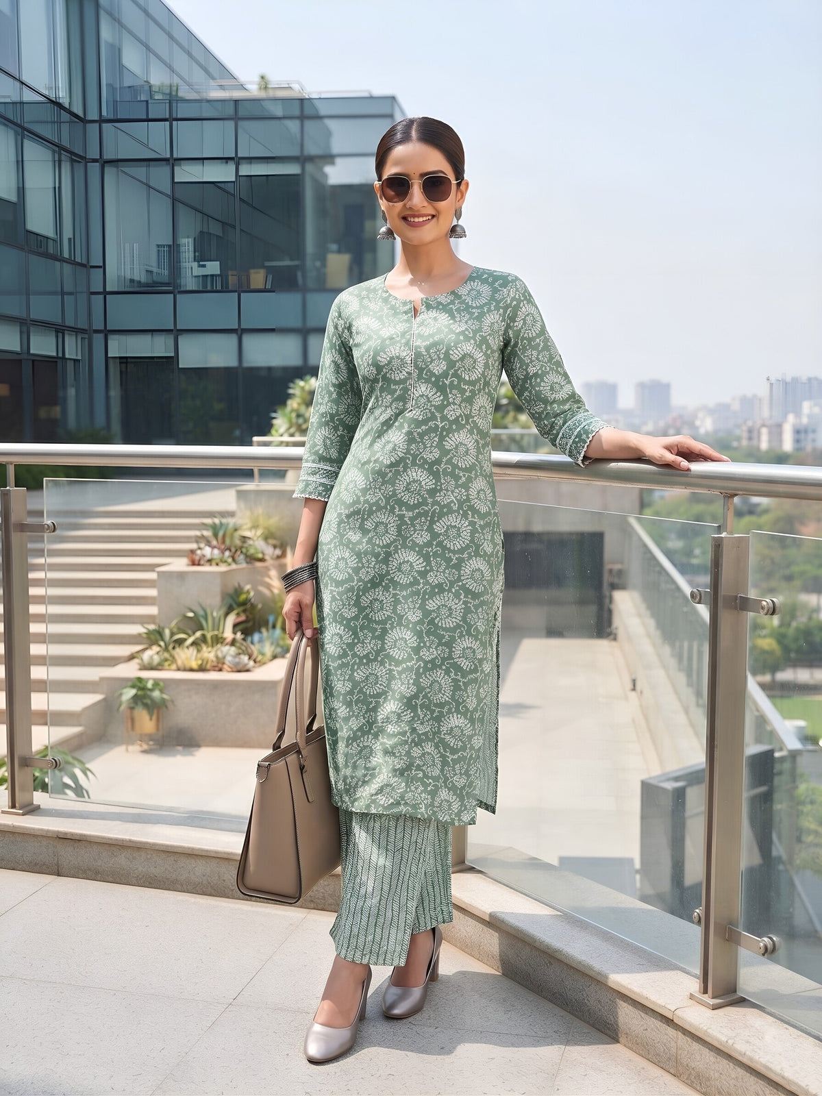 Green Printed Straight Two Piece Co-Ords Set for Women