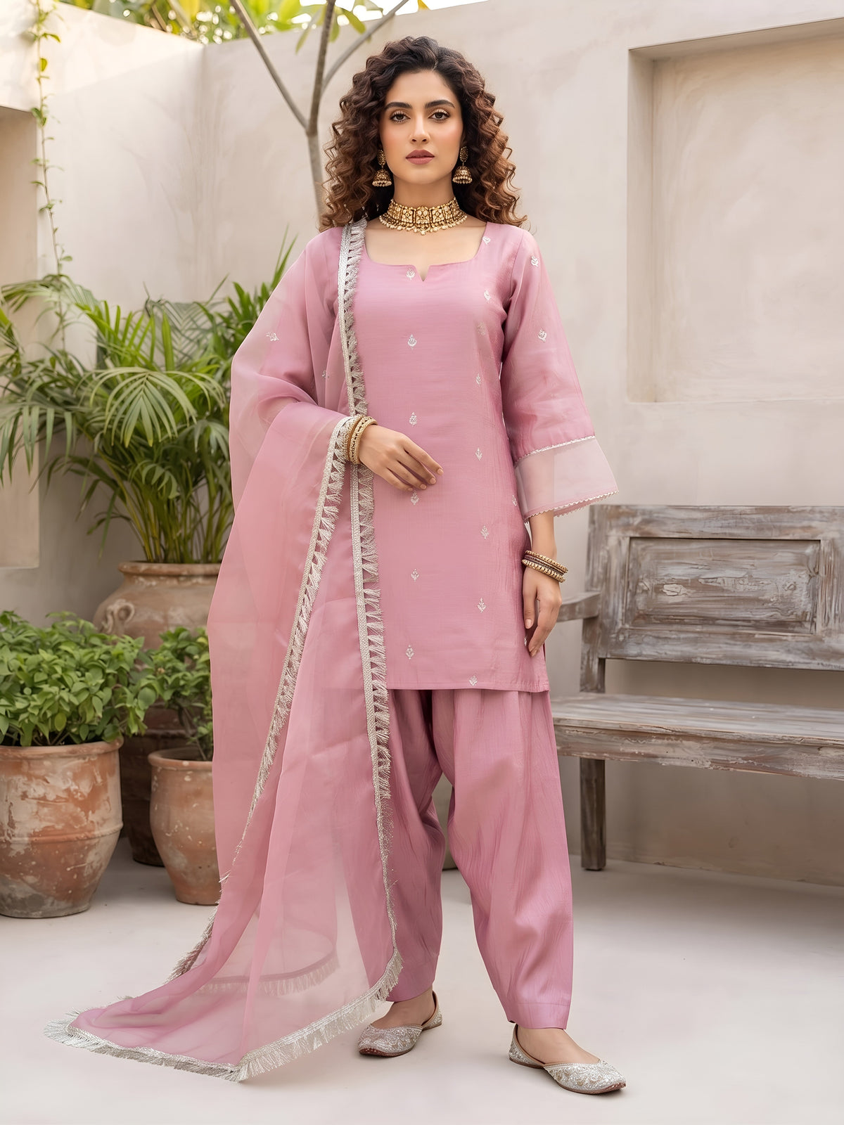 Aarna Pink Embroidered Kurta With Farsi Salwar & Dupatta for Women