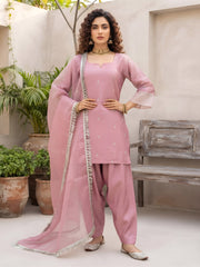 Aarna Pink Embroidered Kurta With Farsi Salwar & Dupatta for Women