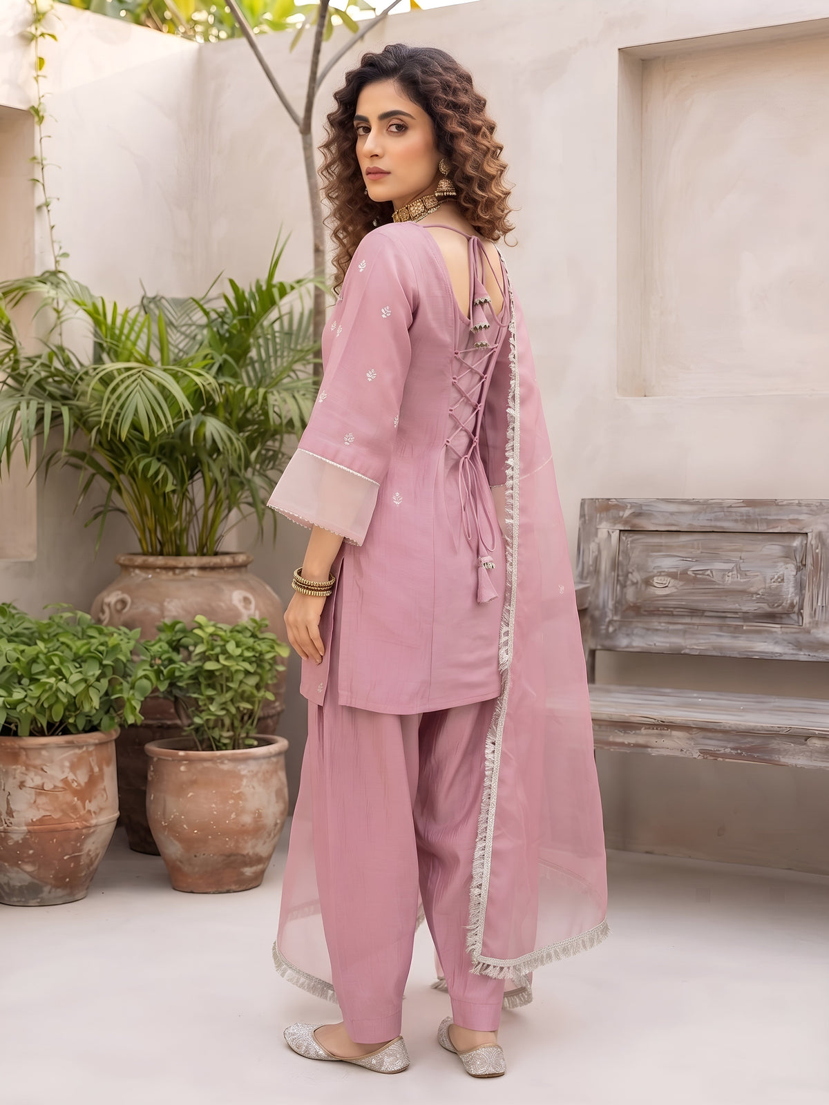 Aarna Pink Embroidered Kurta With Farsi Salwar & Dupatta for Women