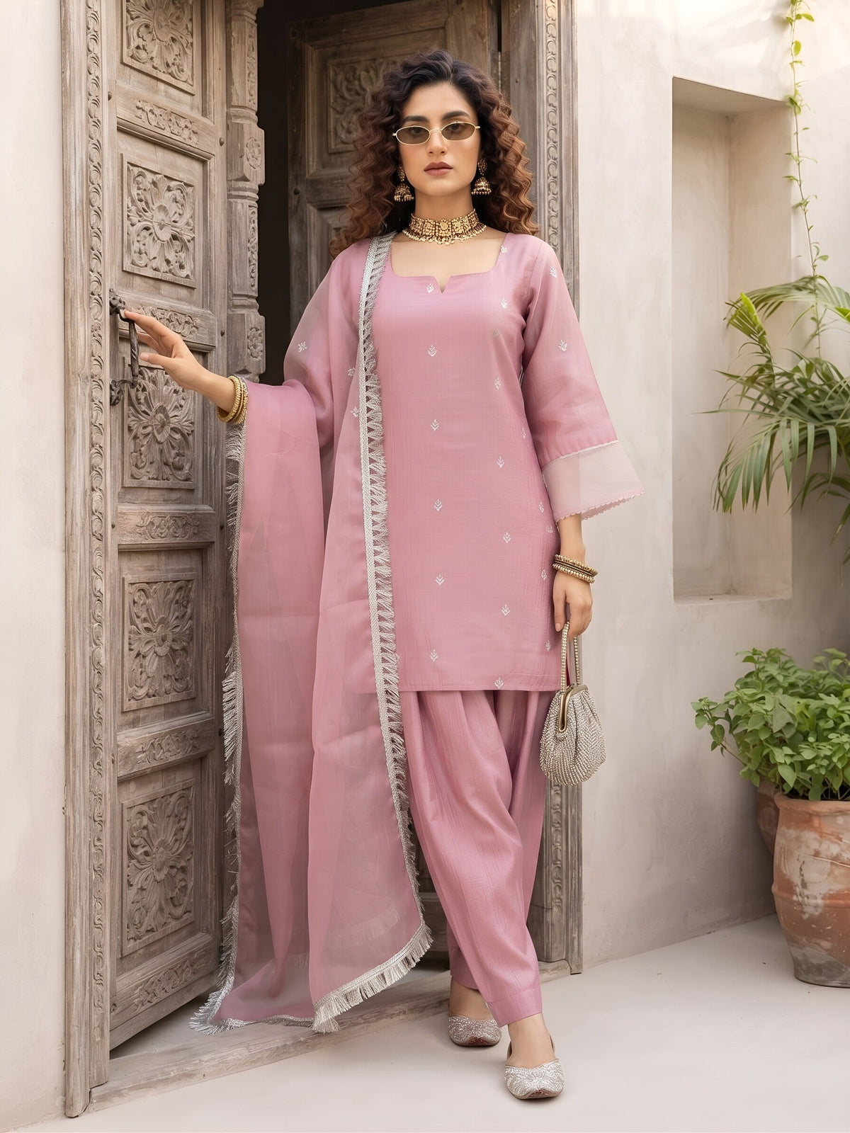 Aarna Pink Embroidered Kurta With Farsi Salwar & Dupatta for Women