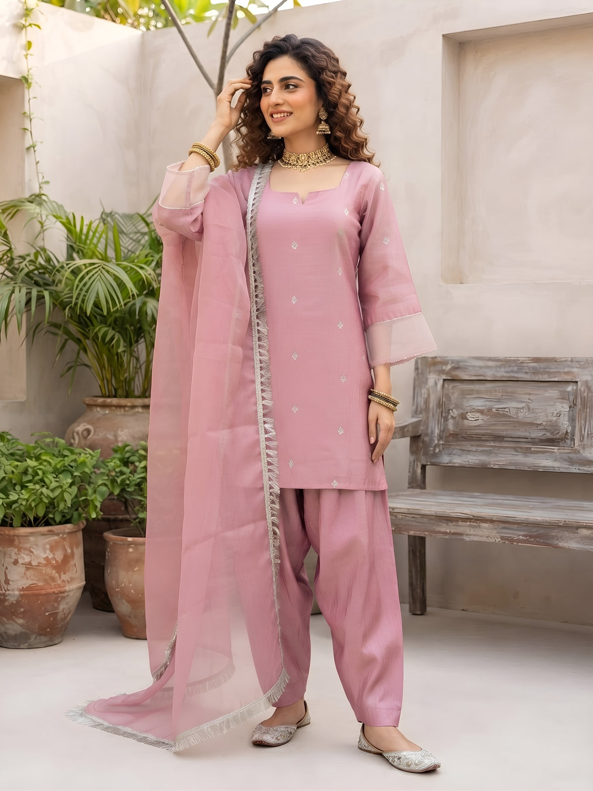 Aarna Pink Embroidered Kurta With Farsi Salwar & Dupatta for Women