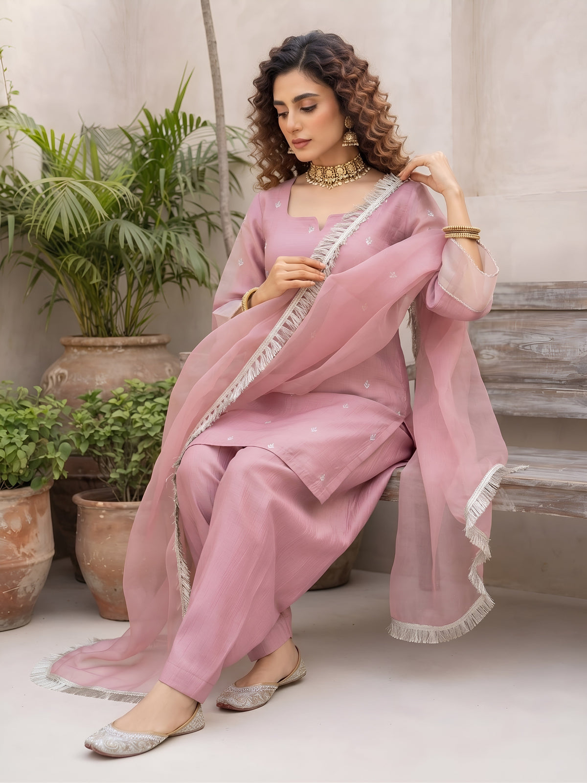 Aarna Pink Embroidered Kurta With Farsi Salwar & Dupatta for Women