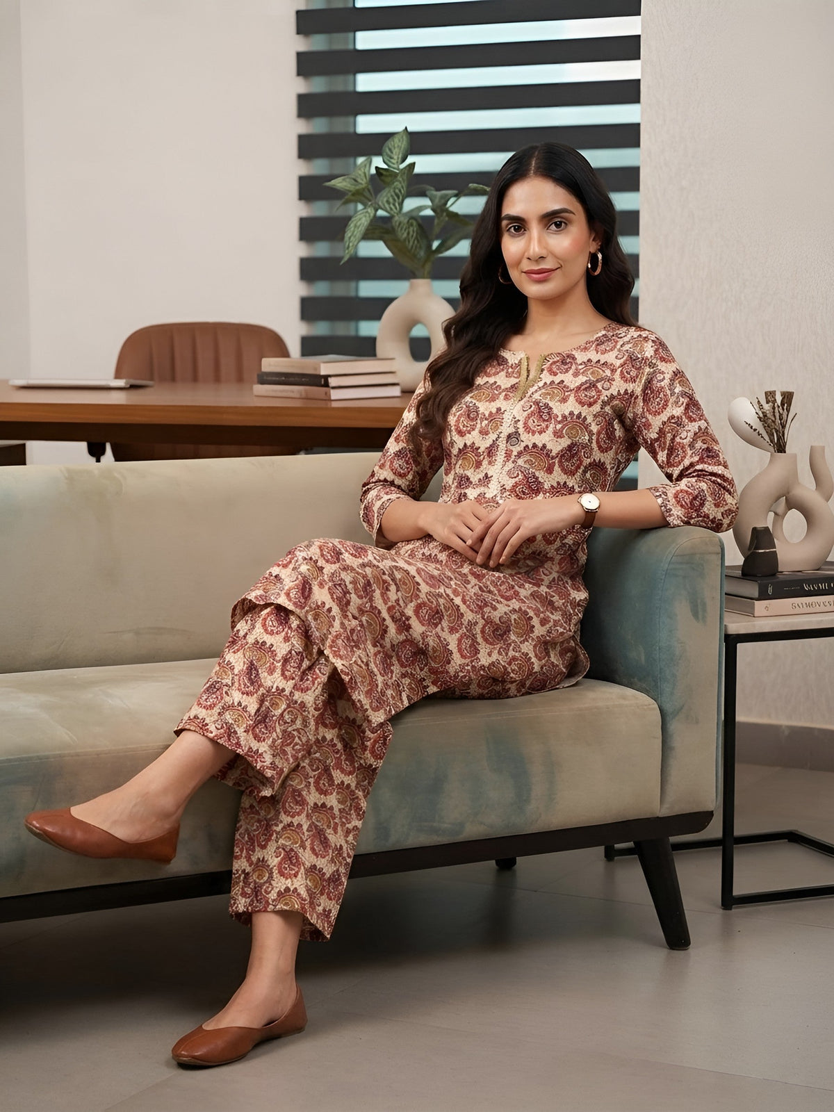 Cream Printed Co-Ord Set for Women