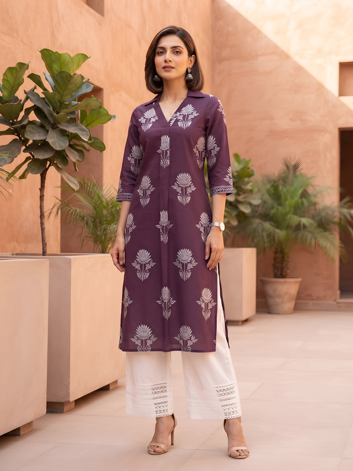 Burgundy Printed Straight Kurta with Three Quarter Sleeves