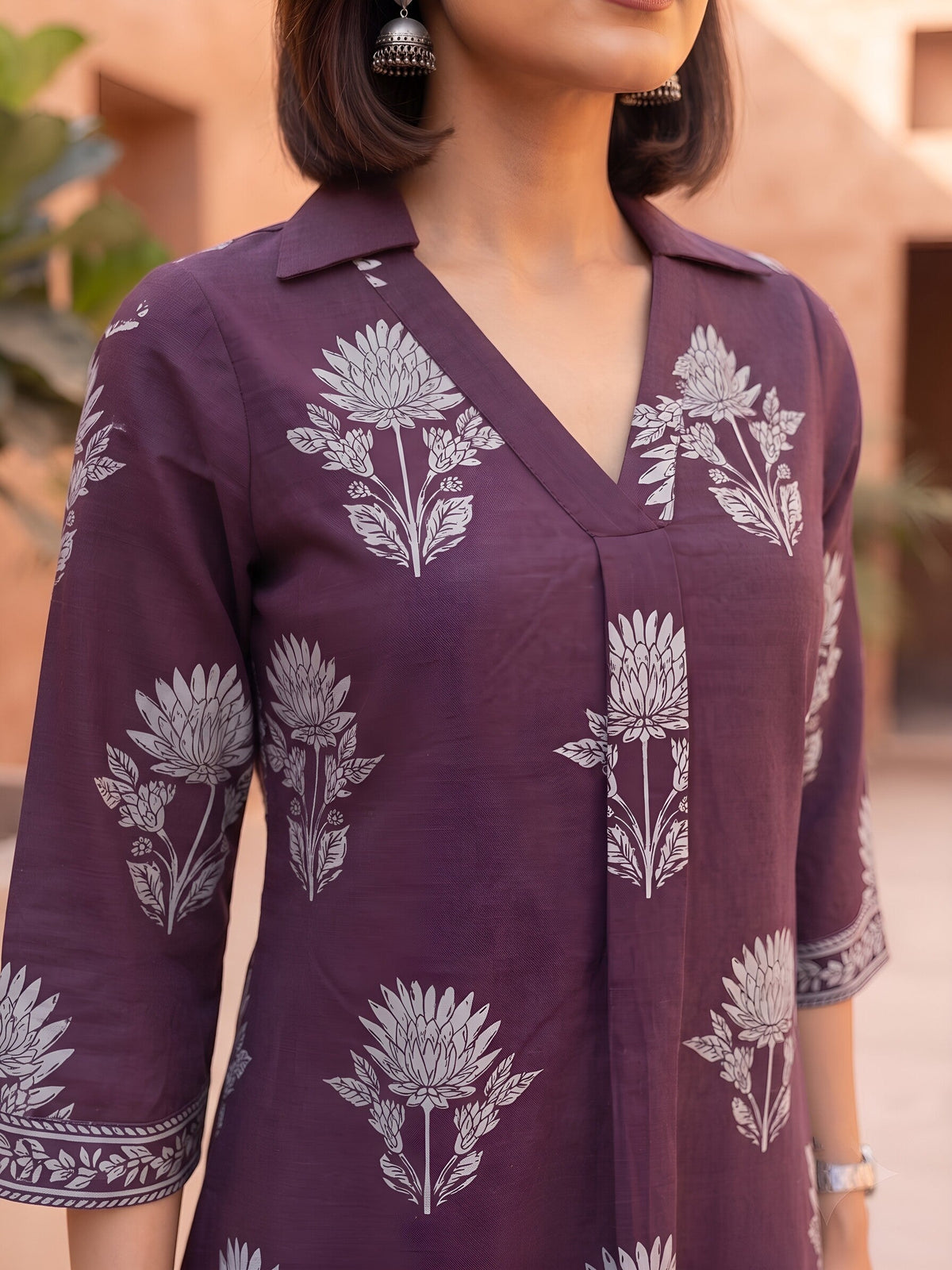 Burgundy Printed Straight Kurta with Three Quarter Sleeves