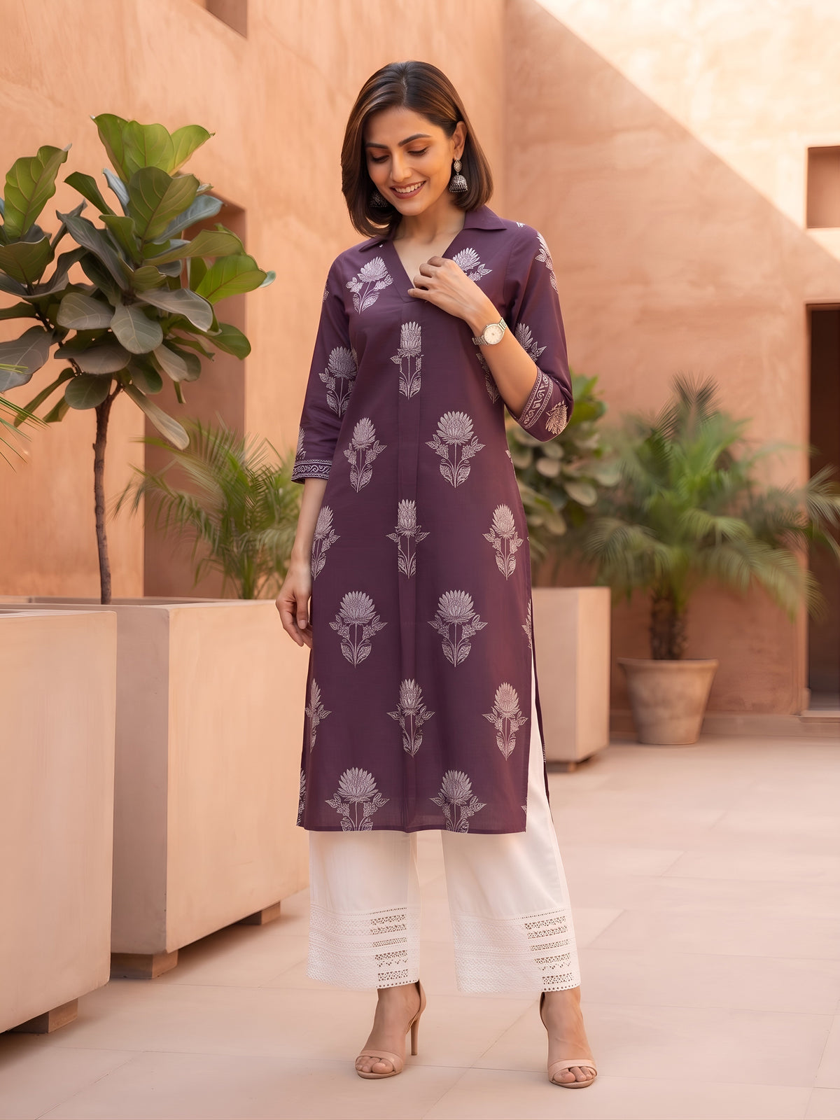 Burgundy Printed Straight Kurta with Three Quarter Sleeves