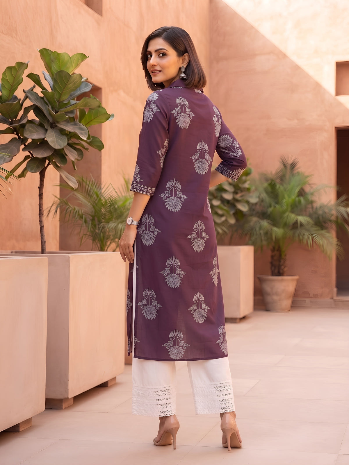 Burgundy Printed Straight Kurta with Three Quarter Sleeves
