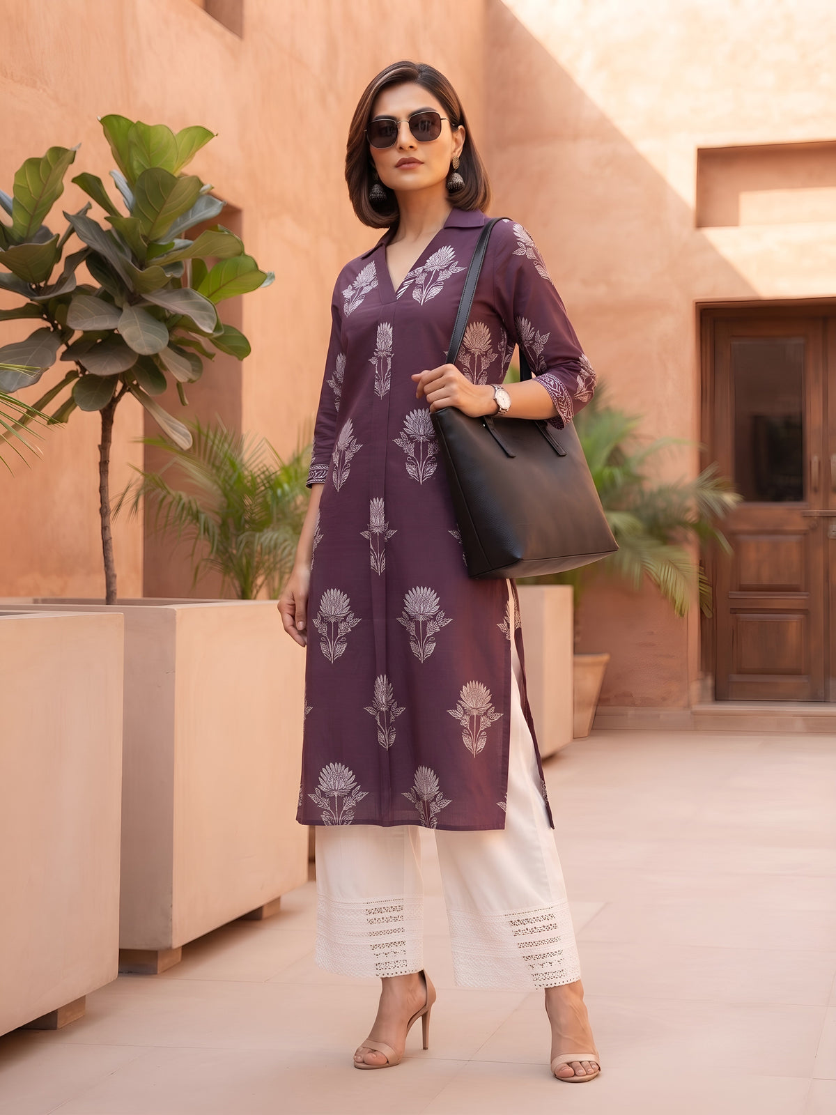 Burgundy Printed Straight Kurta with Three Quarter Sleeves