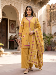 Mustard Printed Straight Kurta Set With Dupatta for Women